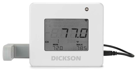 A DicksonOne device with its display showing 77.0 degrees Fahrenheit