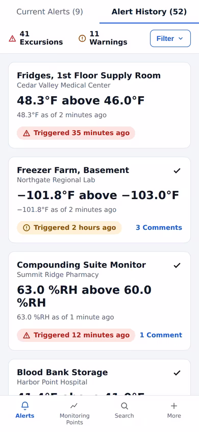 The mobile Alert History view: a list of triggered alerts with excursion and warning status, timestamps, and comment counts