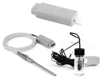 Sample sensors: a plug-in sensor module, a stainless steel temperature probe, and a vial-style probe on a cable