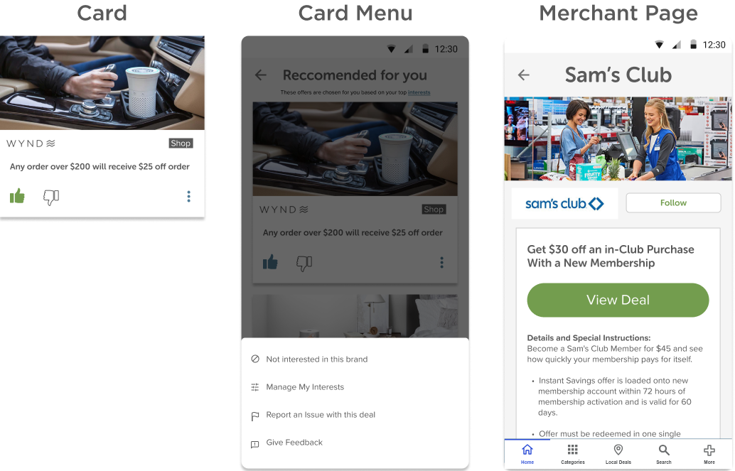 Offer card with like, dislike, and menu controls