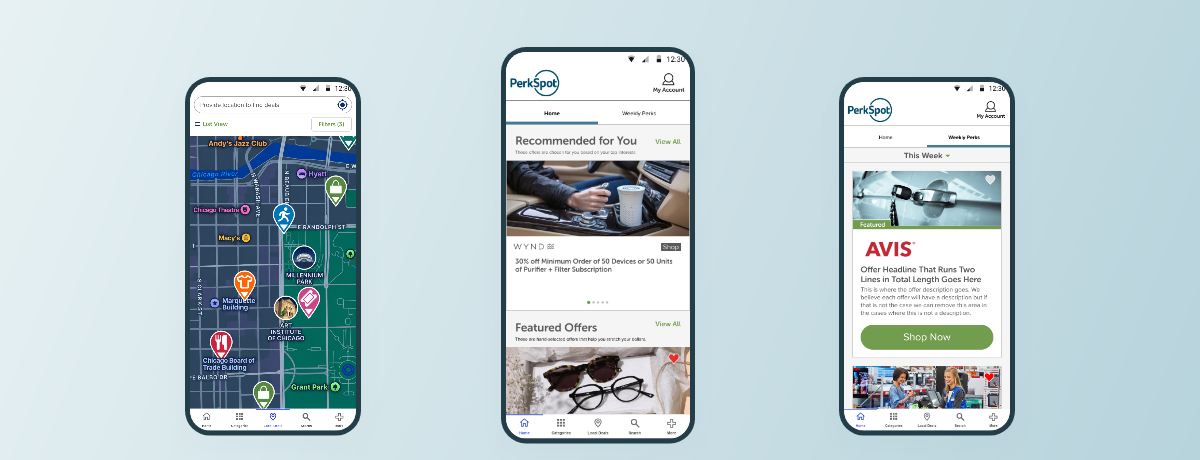 PerkSpot Home highlighted between Local Deals map and Weekly Perks screens