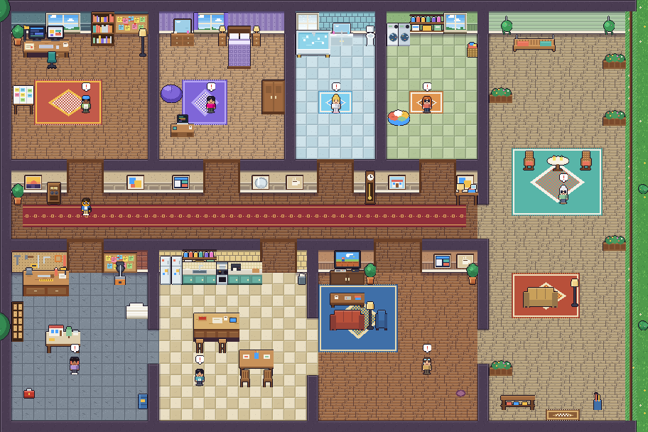 The actual Play Mode house layout, with rooms containing portfolio projects