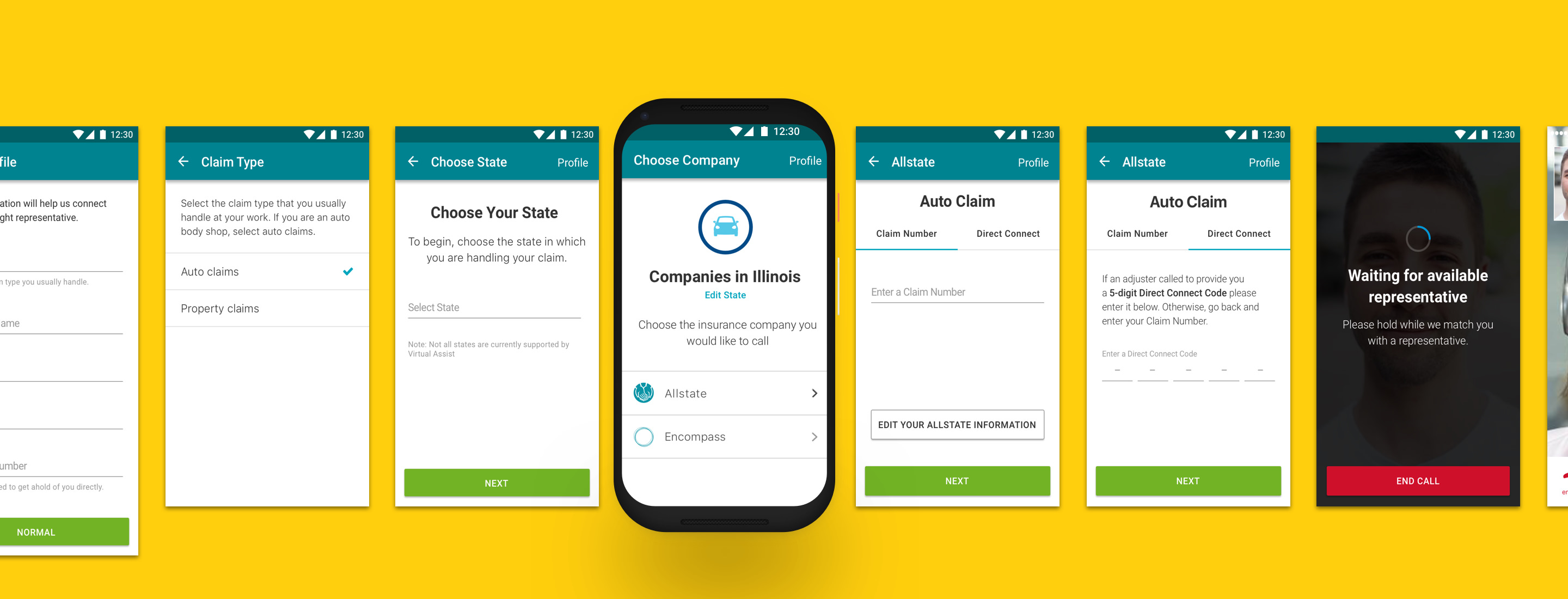 Virtual Assist mobile screens on a yellow background